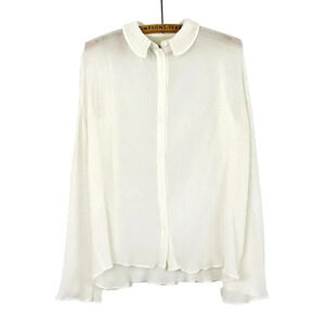 Something  Navy Womens XS Off-White Pleated Button-Up Blouse Bell Sleeves